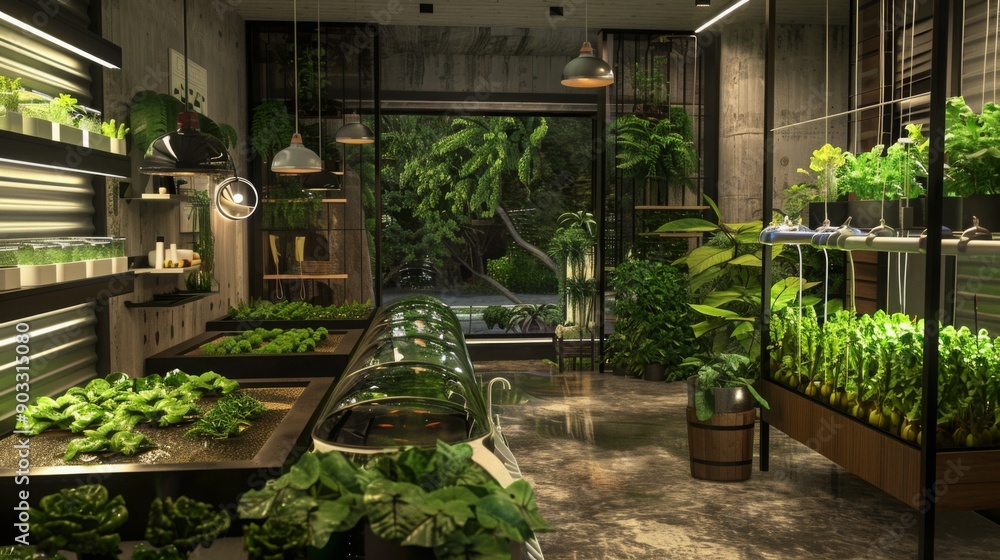 Poster A lush indoor garden with a hydroponic system and hanging plants. The space features various greenery and a large window with a view of a lush forest.