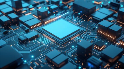 Obraz premium Close-up of a Blue Processor Chip on a Circuit Board