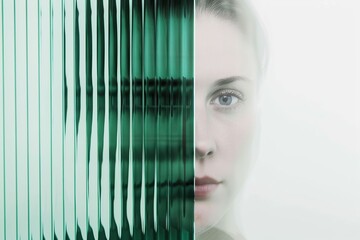 Model hidden behind mirror pattern. Beautiful girl face. Split personality disorder. Concept of advertising mental health. Multiple person. Glitched and corrupted female face.