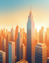 A sun rises over a vibrant cityscape filled with skyscrapers of various sizes and designs