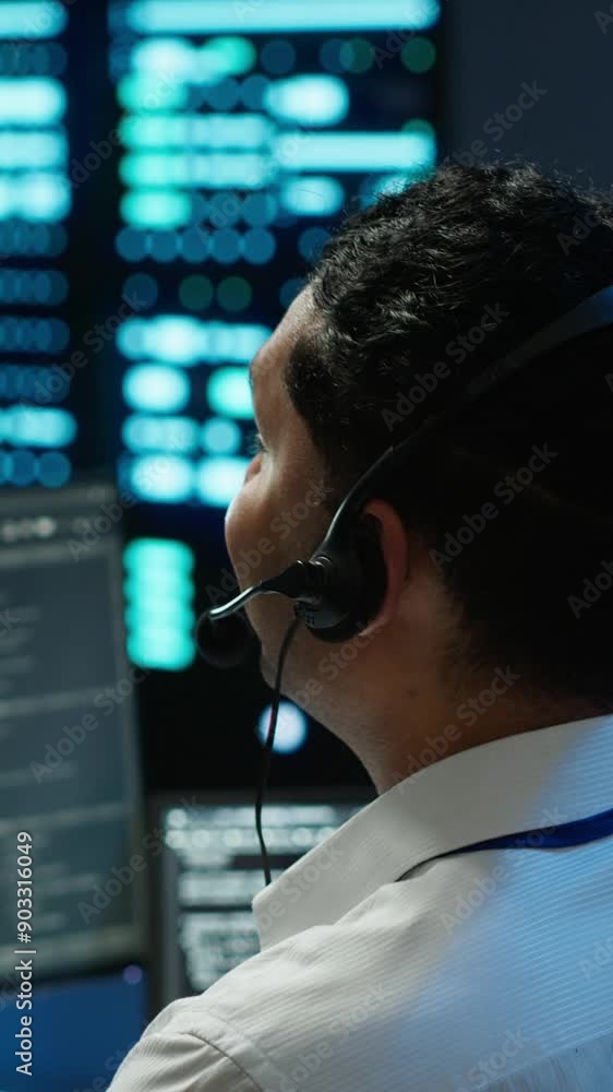 Poster vertical video data center computer scientist wearing mic headset, doing installation of networking 