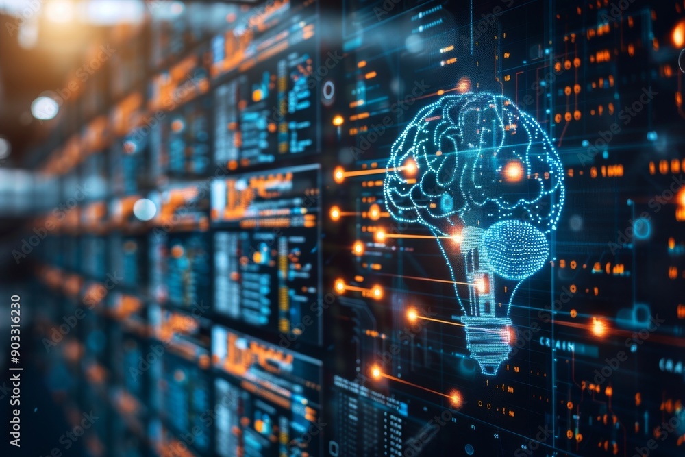 Poster digital brain on a futuristic background symbolizing technology and artificial intelligence.