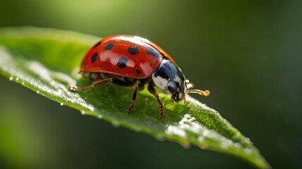 Ladybugs are sitting on flowers and leaves.
