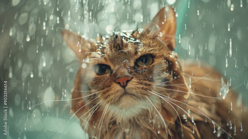 Poster a cat in a shower with a playful look, water streaming down its face.
