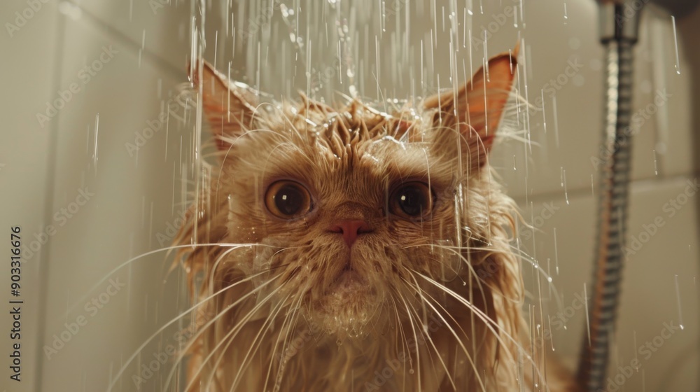 Poster a cat in a shower with water running over its fur, eyes wide open.