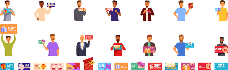 Man hold gift certificate icons set. Men of different ethnicities holding various gift cards and certificates, promoting special offers and discounts