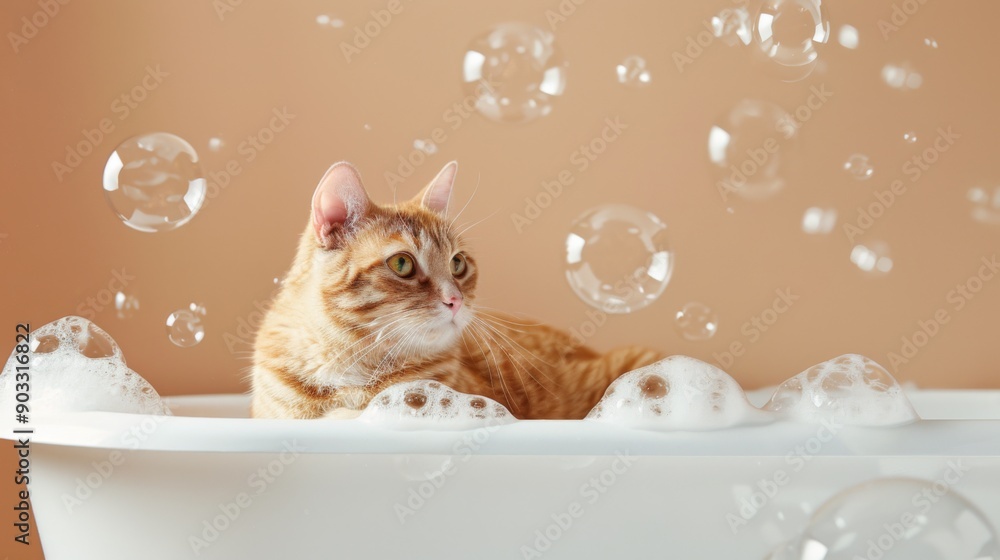Poster a cat sitting in a bathtub with soapy bubbles and a content expression