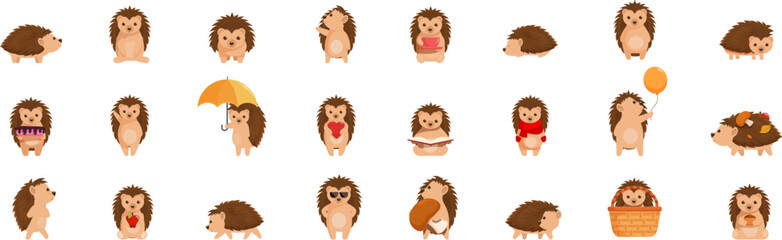 Funny hedgehog icons set. Set of cute cartoon hedgehog character doing different activities like reading book, holding umbrella, carrying basket and having fun