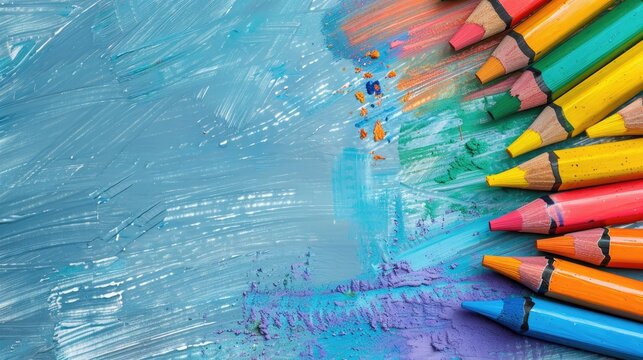 Colorful wax crayons set for preschool back to school theme with blank area