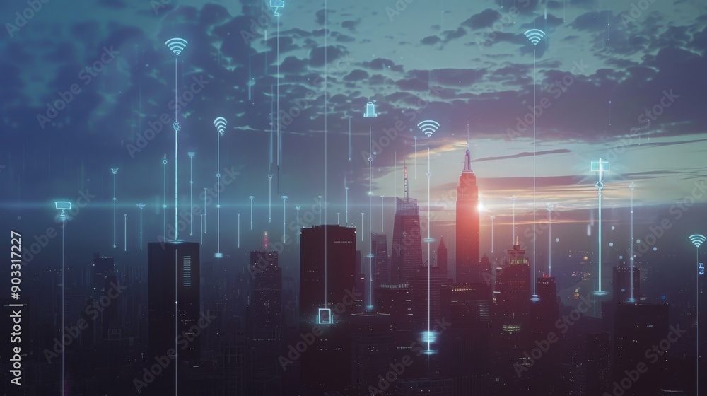Aufkleber a city skyline with digital icons representing wireless communication networks.