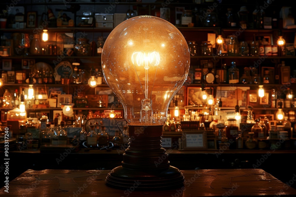 Poster warm illuminated light bulb in a cozy bar setting symbolizing ideas and creativity in an ambient atm