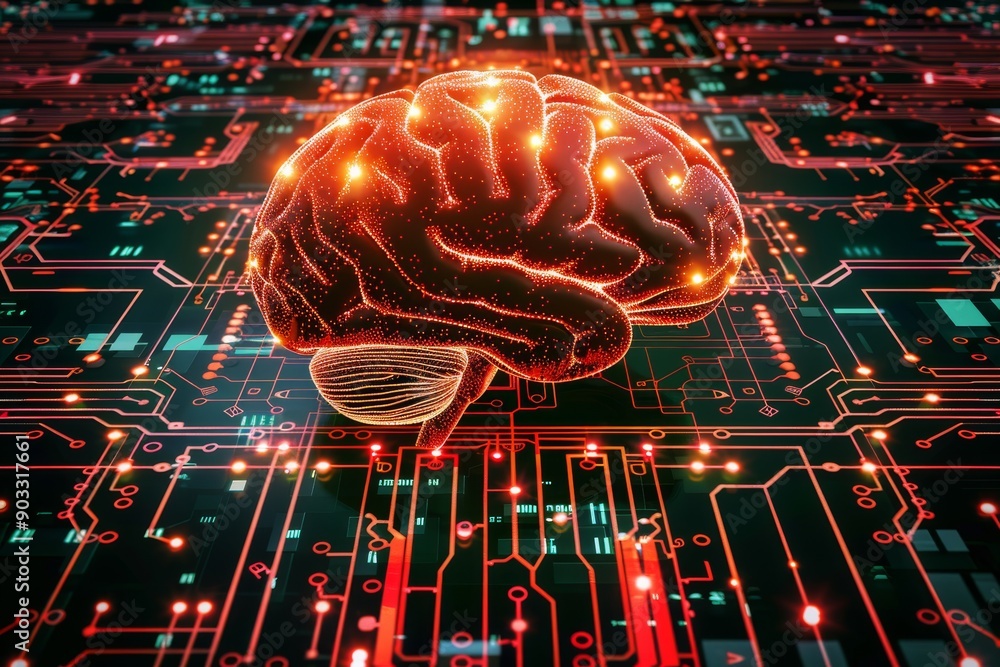 Poster glowing red brain on a digital circuit background symbolizing artificial intelligence and technologi