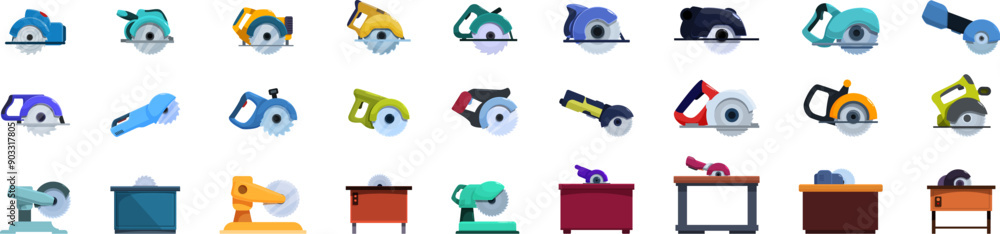 Poster circular saw machine icons set. collection of circular saw icons showing woodworking and constructio