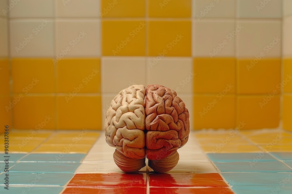 Poster realistic brain model on a tiled background representing knowledge and scientific research.