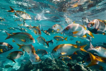 Naklejka premium Diving with fish in the ocean