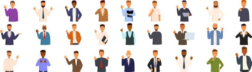 Businessman ok gesture icons set. Diverse group of men gesturing thumbs up, showing approval and support for a great idea