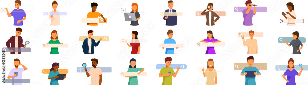 Poster people clicking internet search icons set. people searching information online using web browser. co