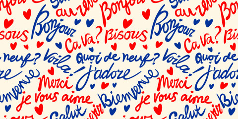 French lettering with various phrases. Blue and red french words isolated on white background. French words, that means: hi, thanks, how are you, i love you, kiss you, you are welcome, bye in french.  © Nastasja