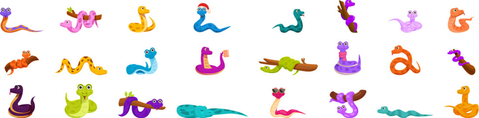 Cute funny snakes icons set. Collection of cartoon snakes in various poses and colors, perfect for projects related to wildlife, nature, or reptilian themes