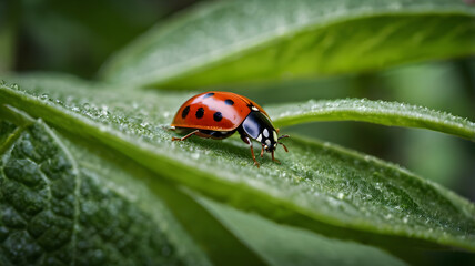Obraz premium Ladybugs are sitting on flowers and leaves.