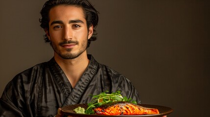 Man in Black Kimono Holding a Plate with Salmon