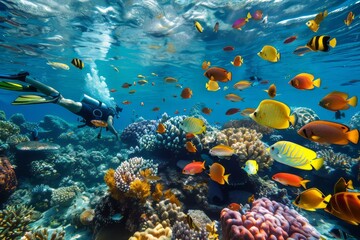 Naklejka premium Diving with fish in the ocean