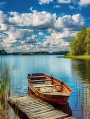Fototapeta premium A single row boat sits on the edge of a wooden dock, waiting for its next adventure
