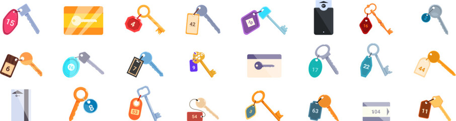 Door key hotel room icons set. Hotel key with keycard and room number tag hanging on wall holding using keyring set