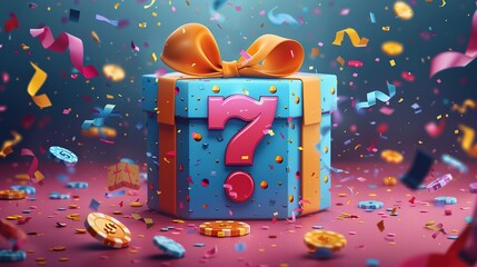 Lucky Gift Prize Vector Design: Casino Lottery Bonus, Gold Coin, Blue Mystery Box, and Celebration with Diamonds and Confetti"