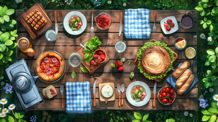 Fototapeta premium Aerial view of an outdoor picnic table filled with various foods, showcasing a colorful and appetizing spread.