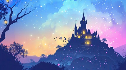 Mystical castle on a hilltop at sunset with a starry sky