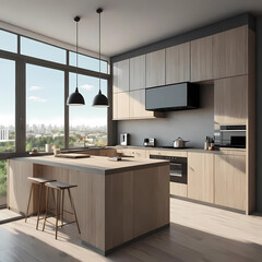 Obraz premium Modern wood and concrete kitchen interior with empty mock up place on wall, island, appliances and window with city view and daylight. 3D Rendering. 