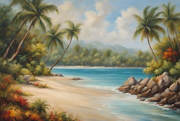 Tropical beach with palm trees oil painting, blue ocean and sandy beach art print poster 