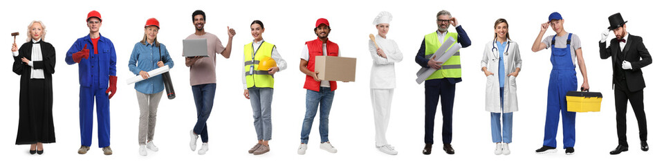 People of different professions. Collage with portraits on white background