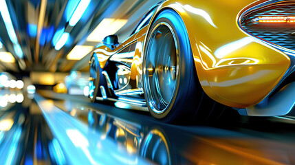 A close-up of the shiny yellow and blue futuristic car