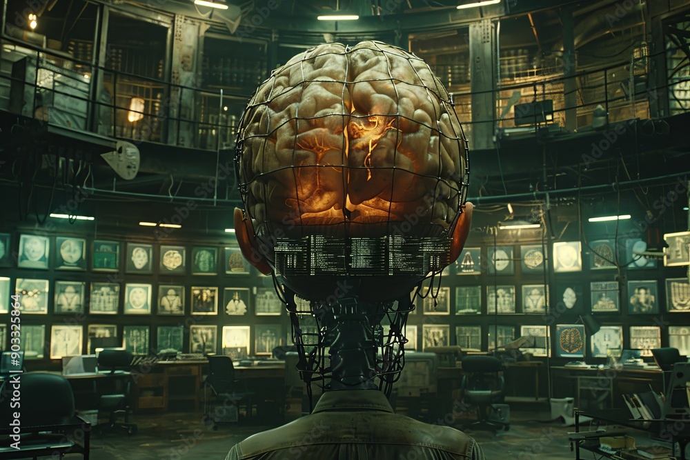 Poster brain model in a futuristic lab setting showcasing advanced technology and neuroscience research.