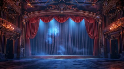 Empty stage with red velvet curtains, spotlight, and fog, ready for a performance.