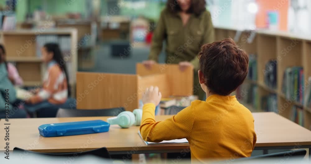Poster Hand, back and child with question in library for studying, help and academic support at school. Student, learning and boy with gesture at desk for homework feedback, education or assistance of tutor