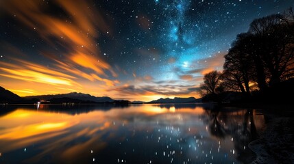 Fototapeta premium A serene landscape featuring a vast starry sky at dusk, with the silhouette of distant mountains and a gently flowing river reflecting the twilight hues. Stars are scattered across the sky, creating