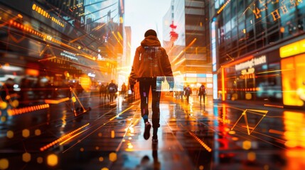 Fototapeta premium A girl, adorned in breakdance gear, walks down a sunlit futuristic city street. A holographic phone interface hovers in front of her, blending seamlessly with the high-tech environment. The panoramic