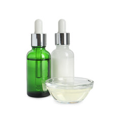 Bottles and bowl of chemical peel isolated on white. Peeling procedure