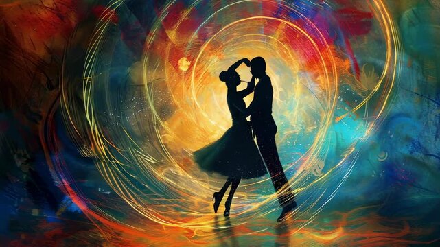 A silhouetted couple dances gracefully in an artistic swirl of vibrant colors, evoking motion and romance. The backdrop's dynamic and abstract patterns add a dreamy, magical feel depicting them under