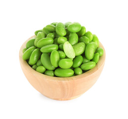 Raw green edamame soybeans in bowl isolated on white