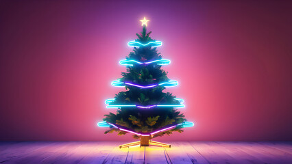 Christmas tree with glowing neon lights at night 