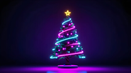 Christmas tree with glowing neon lights at night 