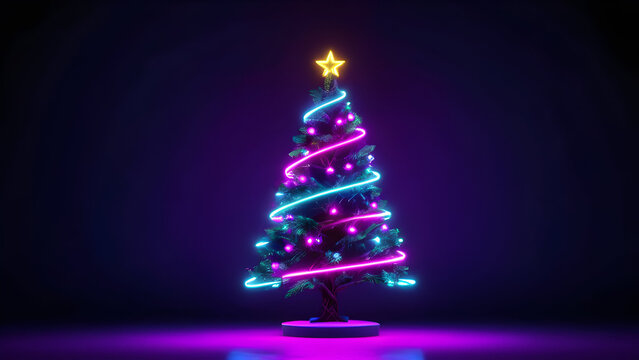 Christmas tree with glowing neon lights at night 