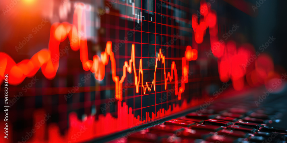 Poster close-up of a red stock market chart on a computer screen showing fluctuating financial data and tre