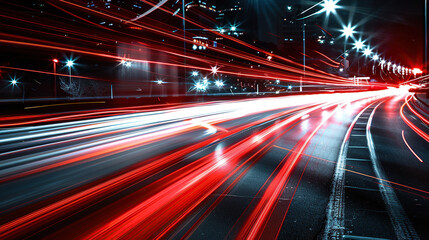 A long exposure photo of red light trails from cars driving on an empty highway at night