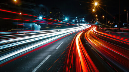 A long exposure photo of red light trails from cars driving on an empty highway at night