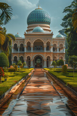 Majestic Mosque with Blue Domes and Lush Gardens in Southeast Asia Under Sunny Skies